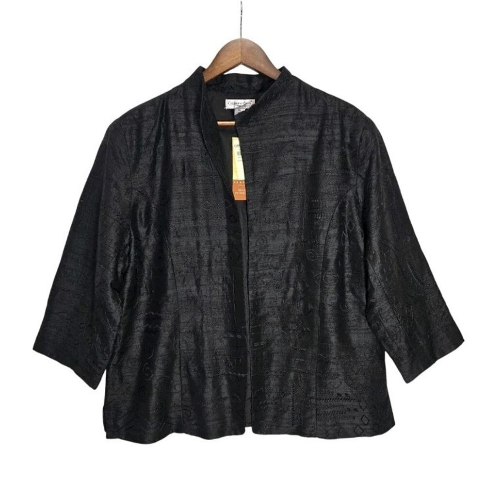 NWT Coldwater Creek Silk Jacket XL Black Motif Menagerie Embroidered Open Front